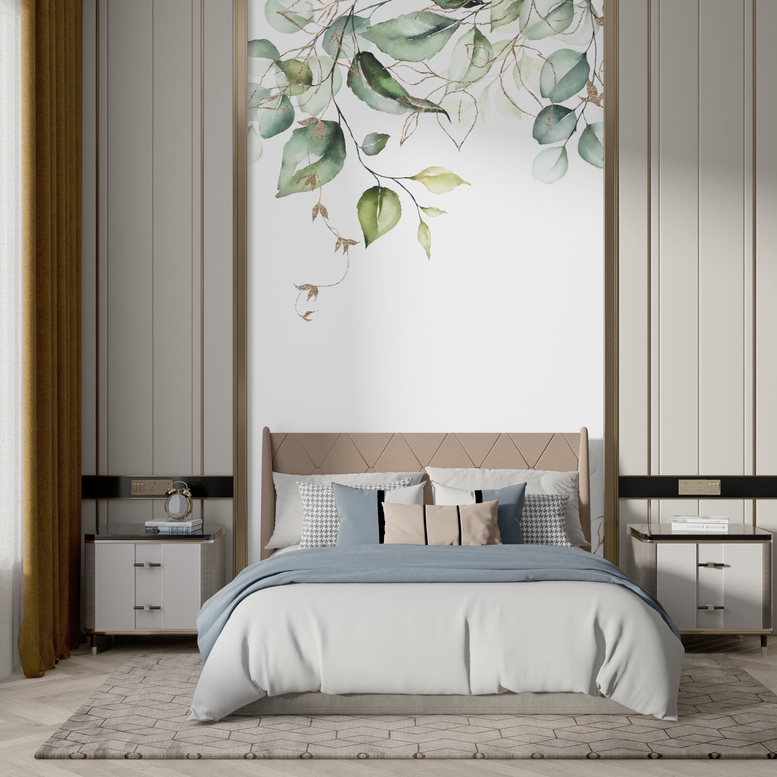 Fotobehang Aquarel met groene bladeren op een witte achtergrond