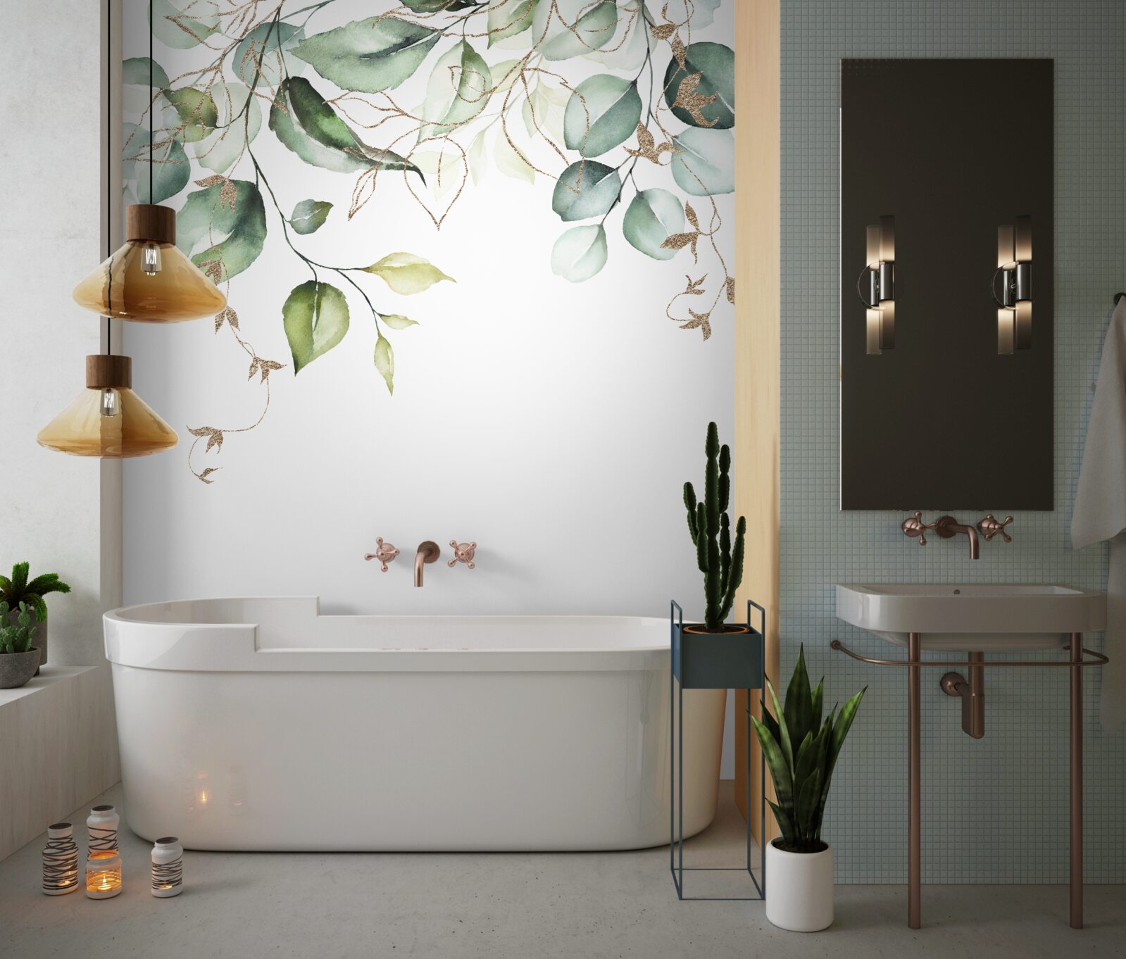 Fotobehang Aquarel met groene bladeren op een witte achtergrond