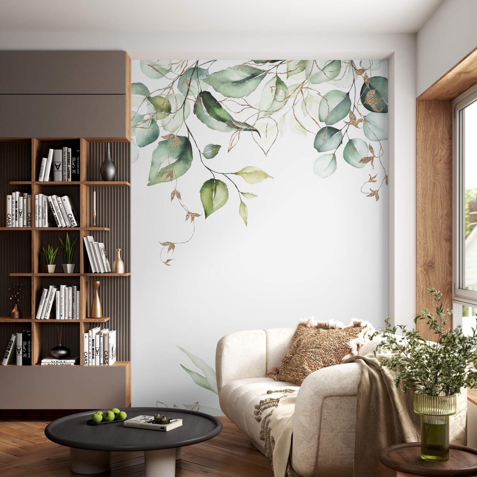 Fotobehang Aquarel met groene bladeren op een witte achtergrond