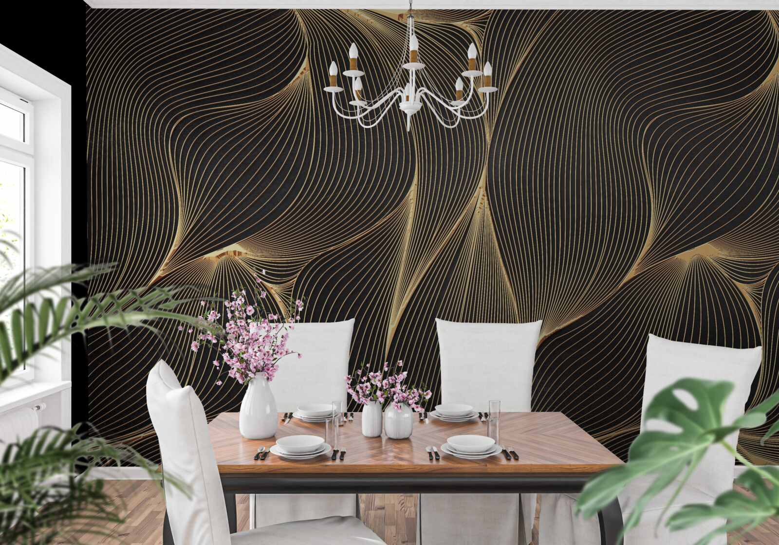 Fotobehang abstract met vloeiende gouden lijnen