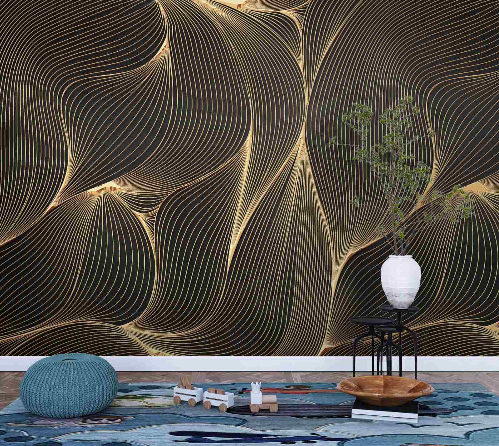 Fotobehang abstract met vloeiende gouden lijnen