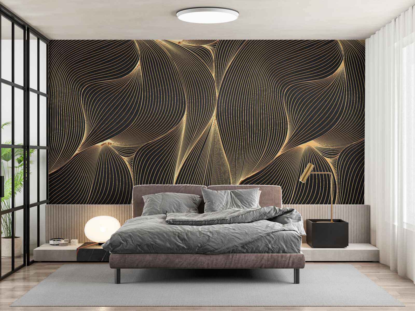 Fotobehang abstract met vloeiende gouden lijnen