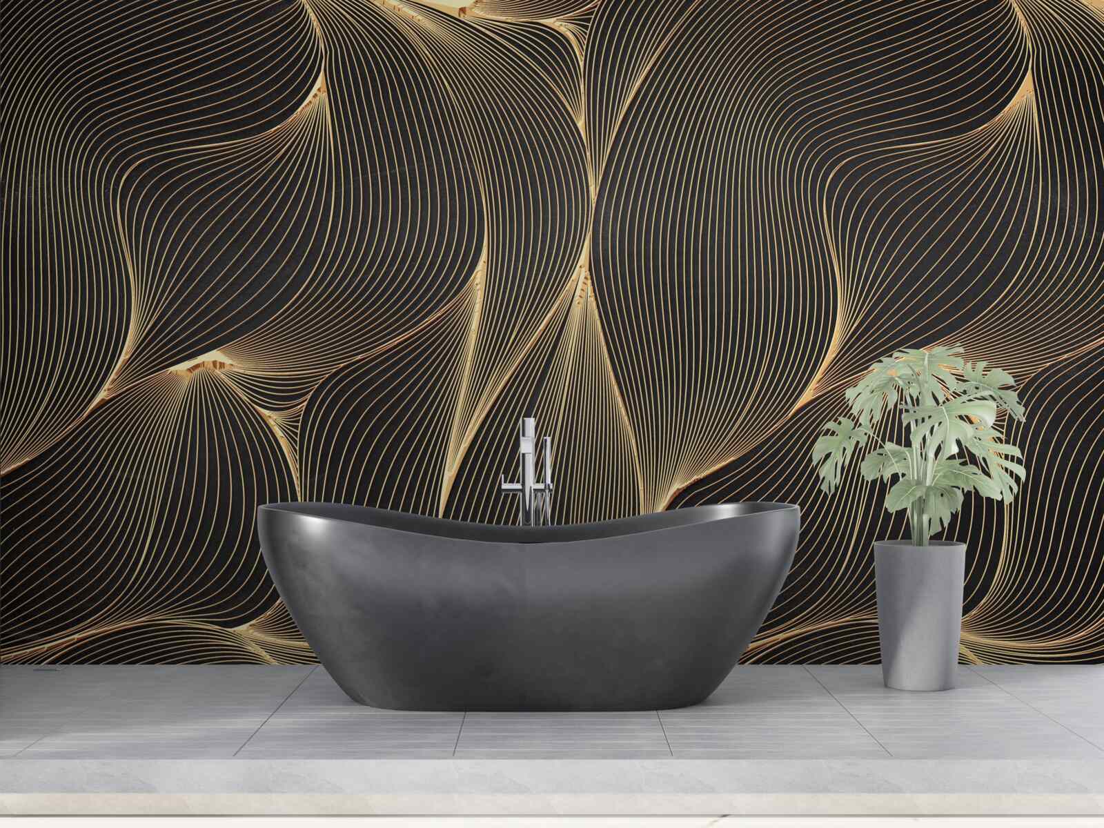 Fotobehang abstract met vloeiende gouden lijnen