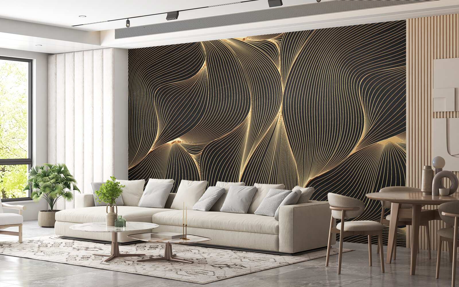 Fotobehang abstract met vloeiende gouden lijnen