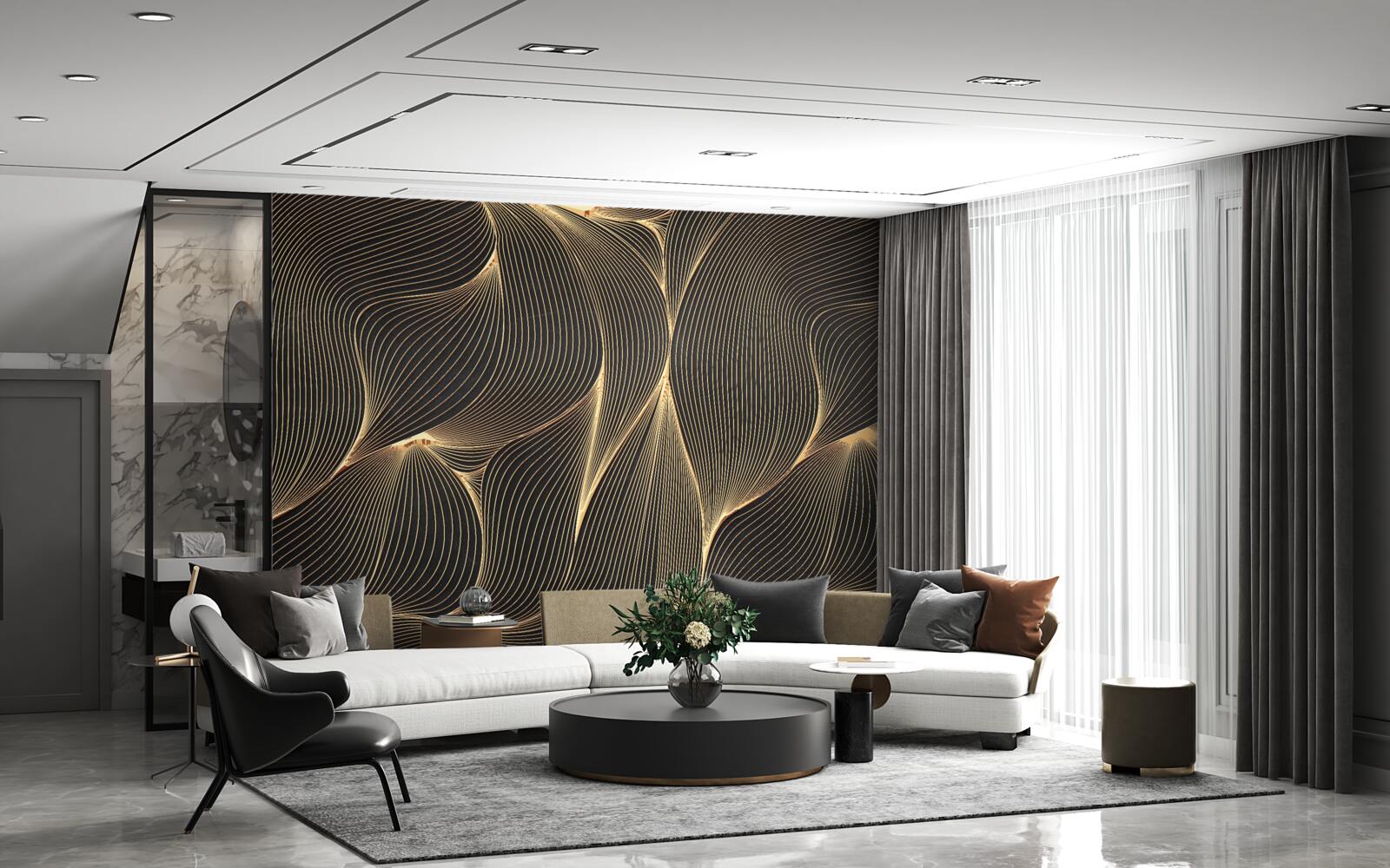 Fotobehang abstract met vloeiende gouden lijnen