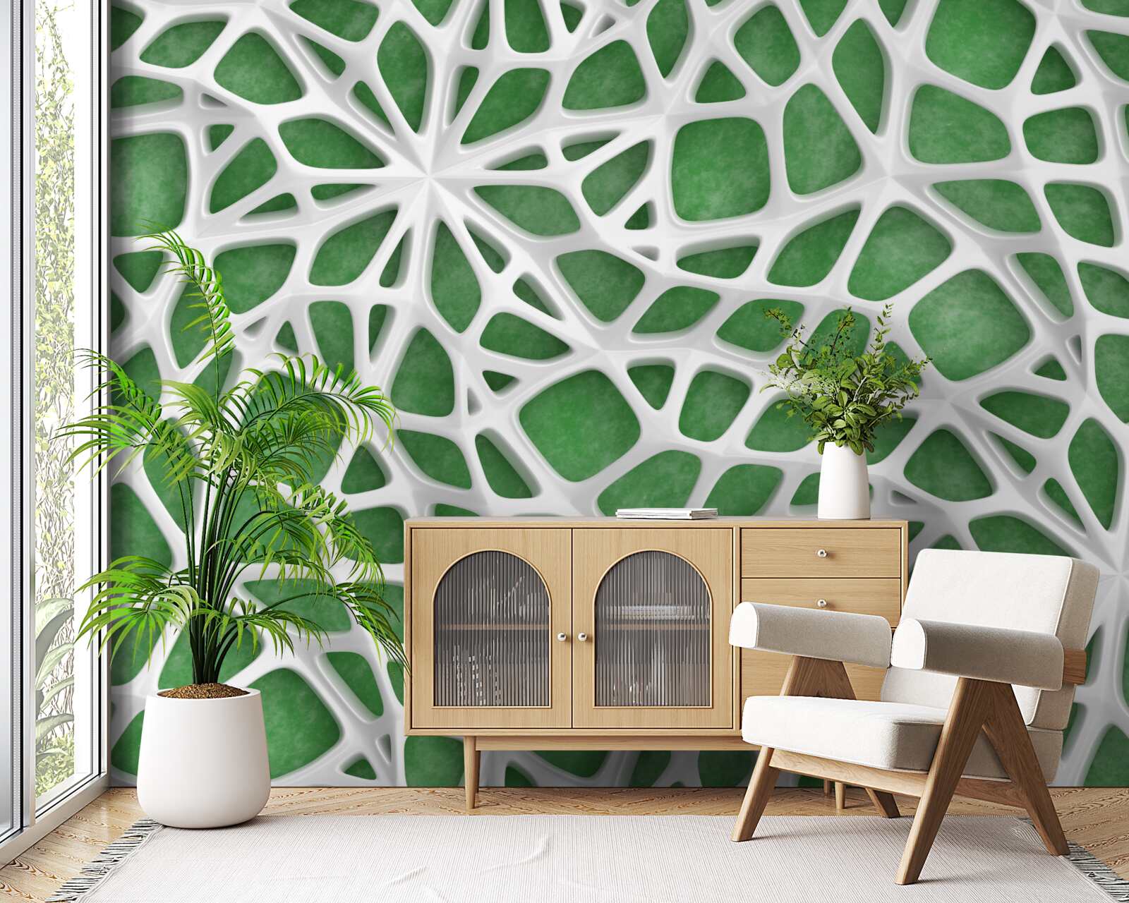 Fotobehang op een groene achtergrond staat een groot wit spinnenweb