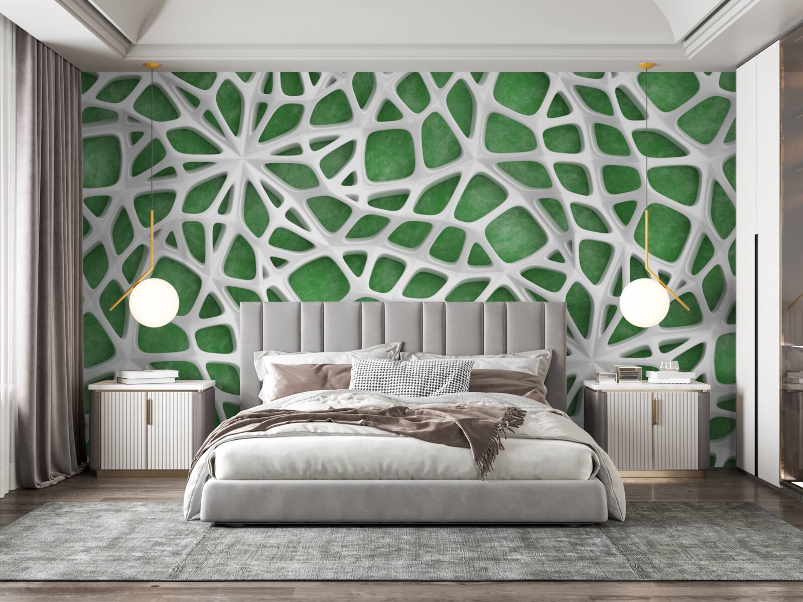 Fotobehang op een groene achtergrond staat een groot wit spinnenweb