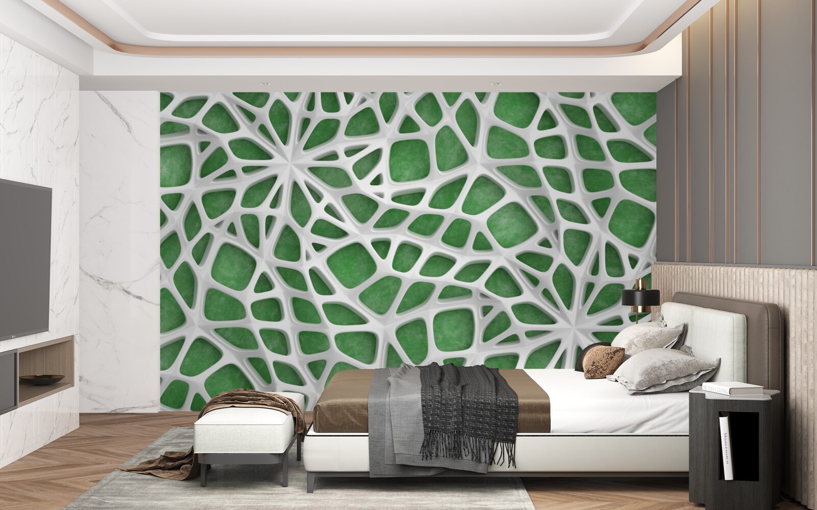 Fotobehang op een groene achtergrond staat een groot wit spinnenweb