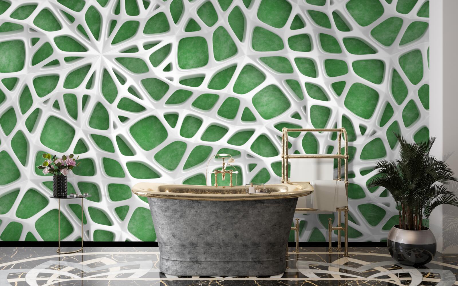 Fotobehang op een groene achtergrond staat een groot wit spinnenweb