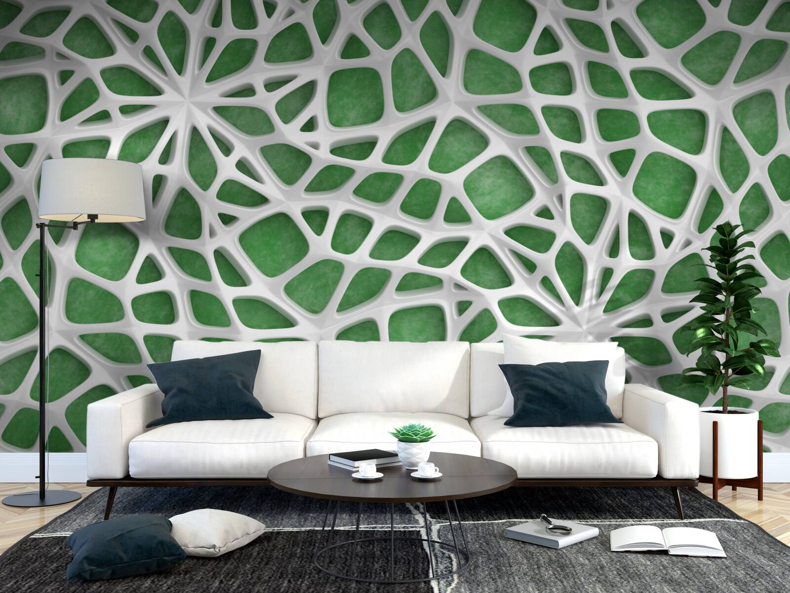 Fotobehang op een groene achtergrond staat een groot wit spinnenweb