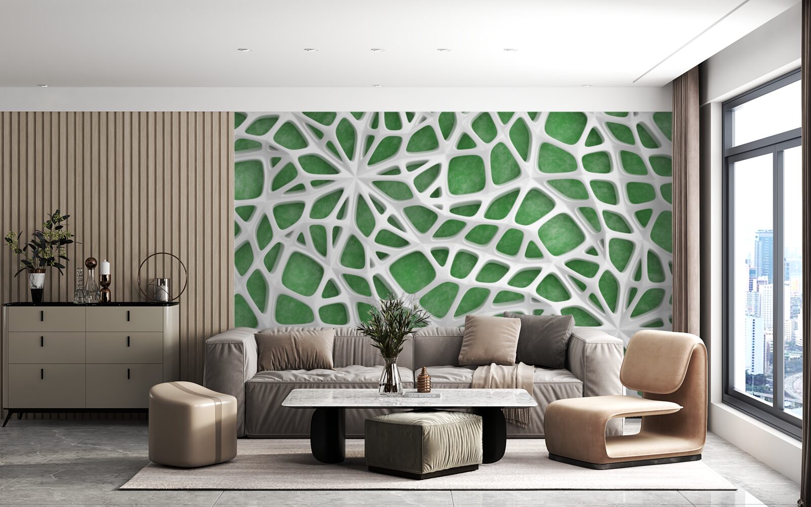 Fotobehang op een groene achtergrond staat een groot wit spinnenweb