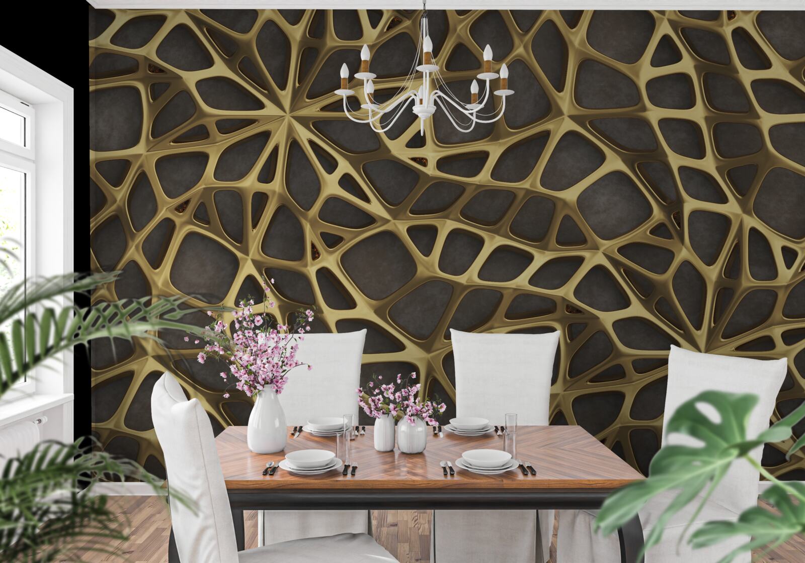 Fotobehang het netwerk is goudkleurig op een bruine achtergrond