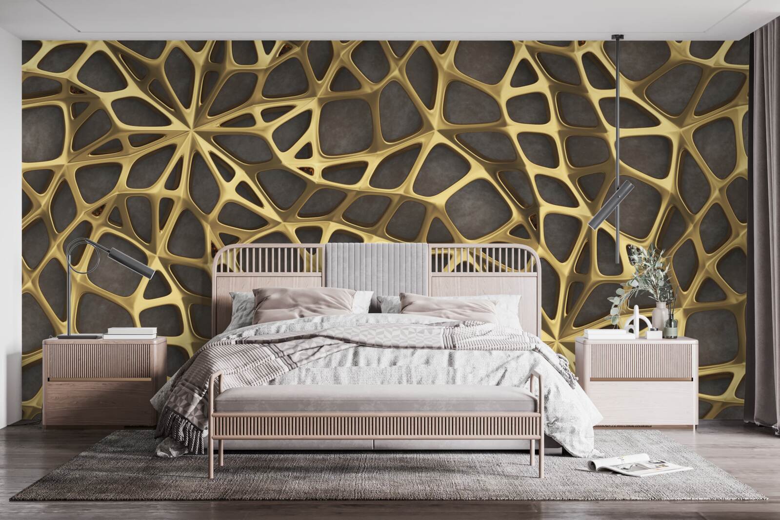 Fotobehang het netwerk is goudkleurig op een bruine achtergrond