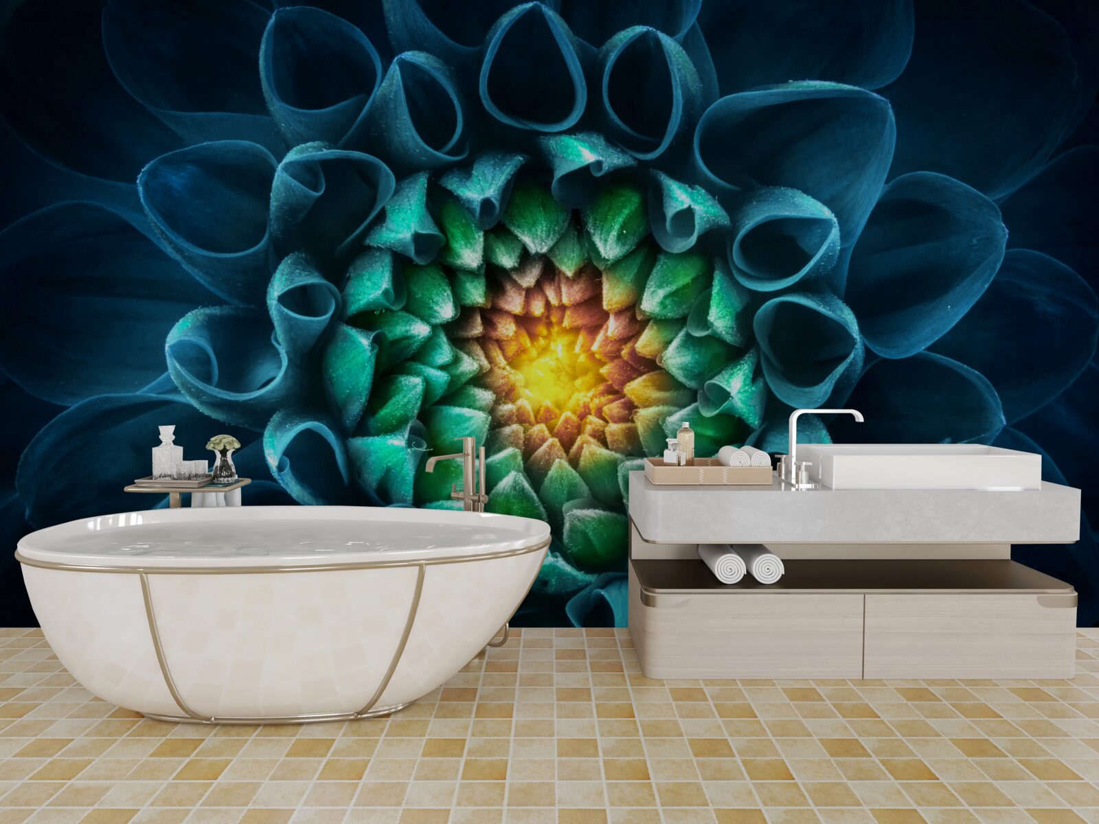 Fotobehang abstracte stijl blauwe pioenroos knop