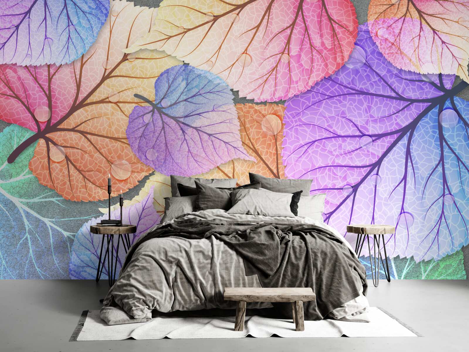 Fotobehang herfstbladeren geschilderd in felle kleuren