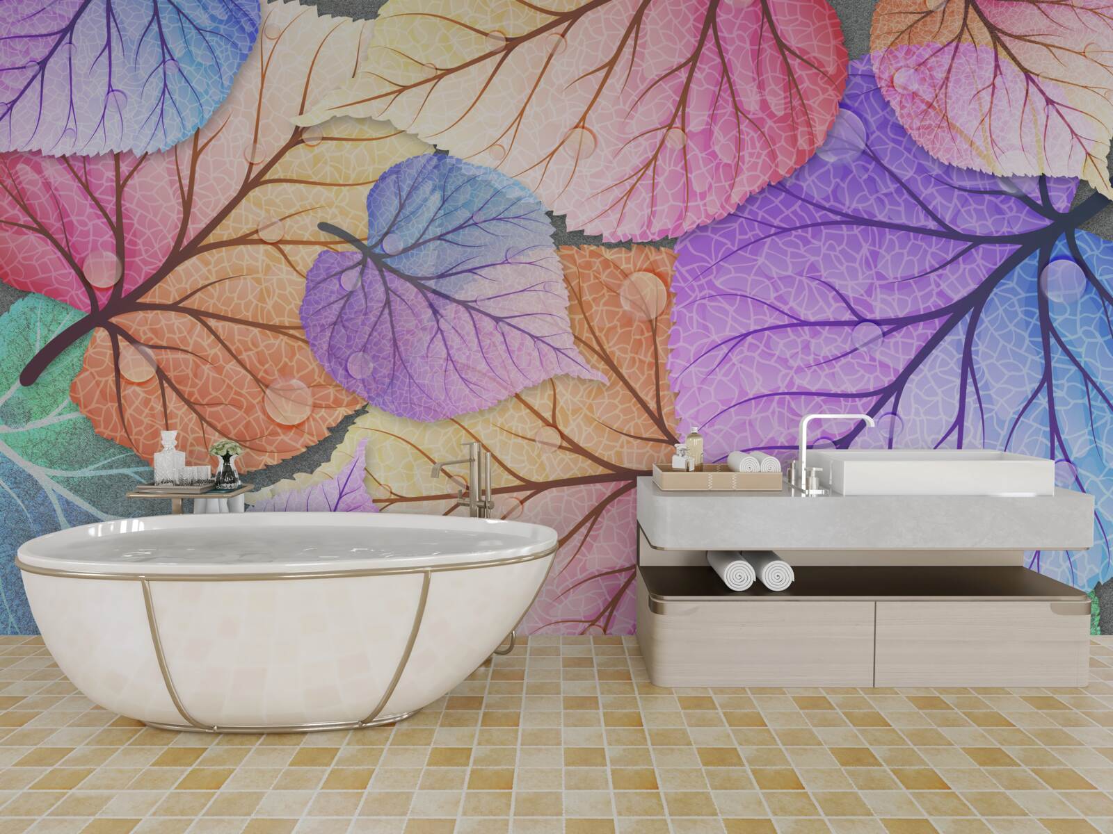 Fotobehang herfstbladeren geschilderd in felle kleuren