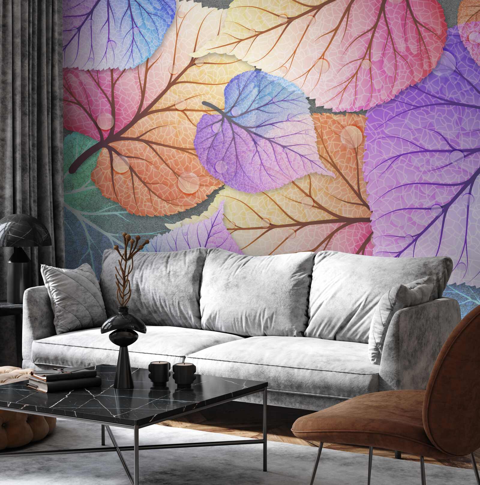 Fotobehang herfstbladeren geschilderd in felle kleuren