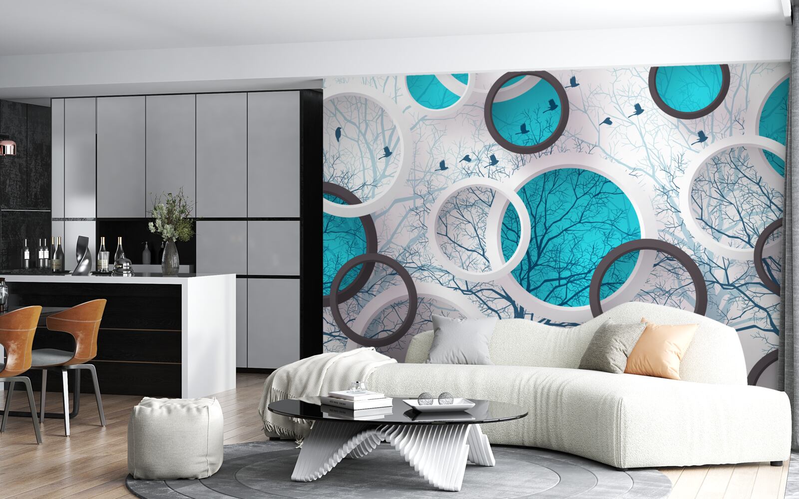 Fotobehang turquoise cirkels en bomen