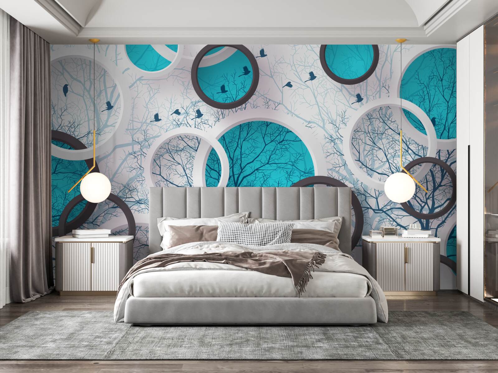 Fotobehang turquoise cirkels en bomen