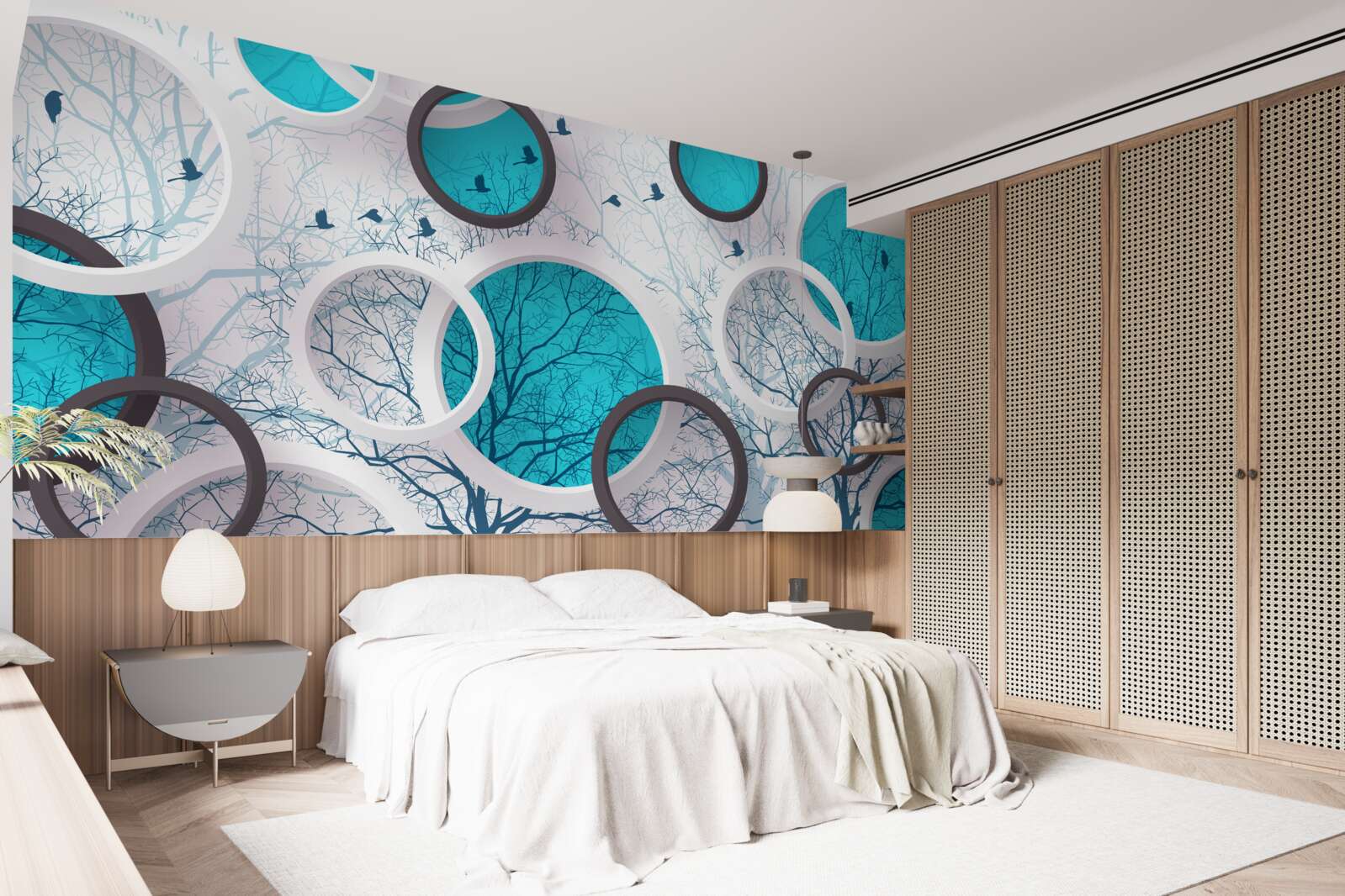 Fotobehang turquoise cirkels en bomen