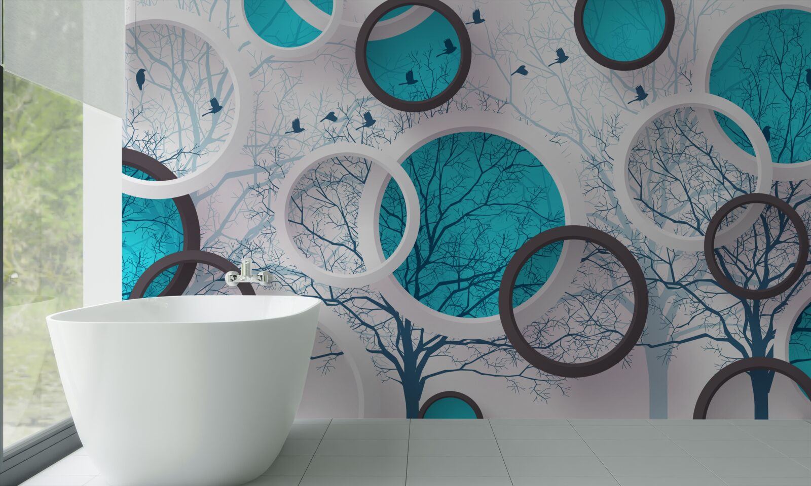 Fotobehang turquoise cirkels en bomen