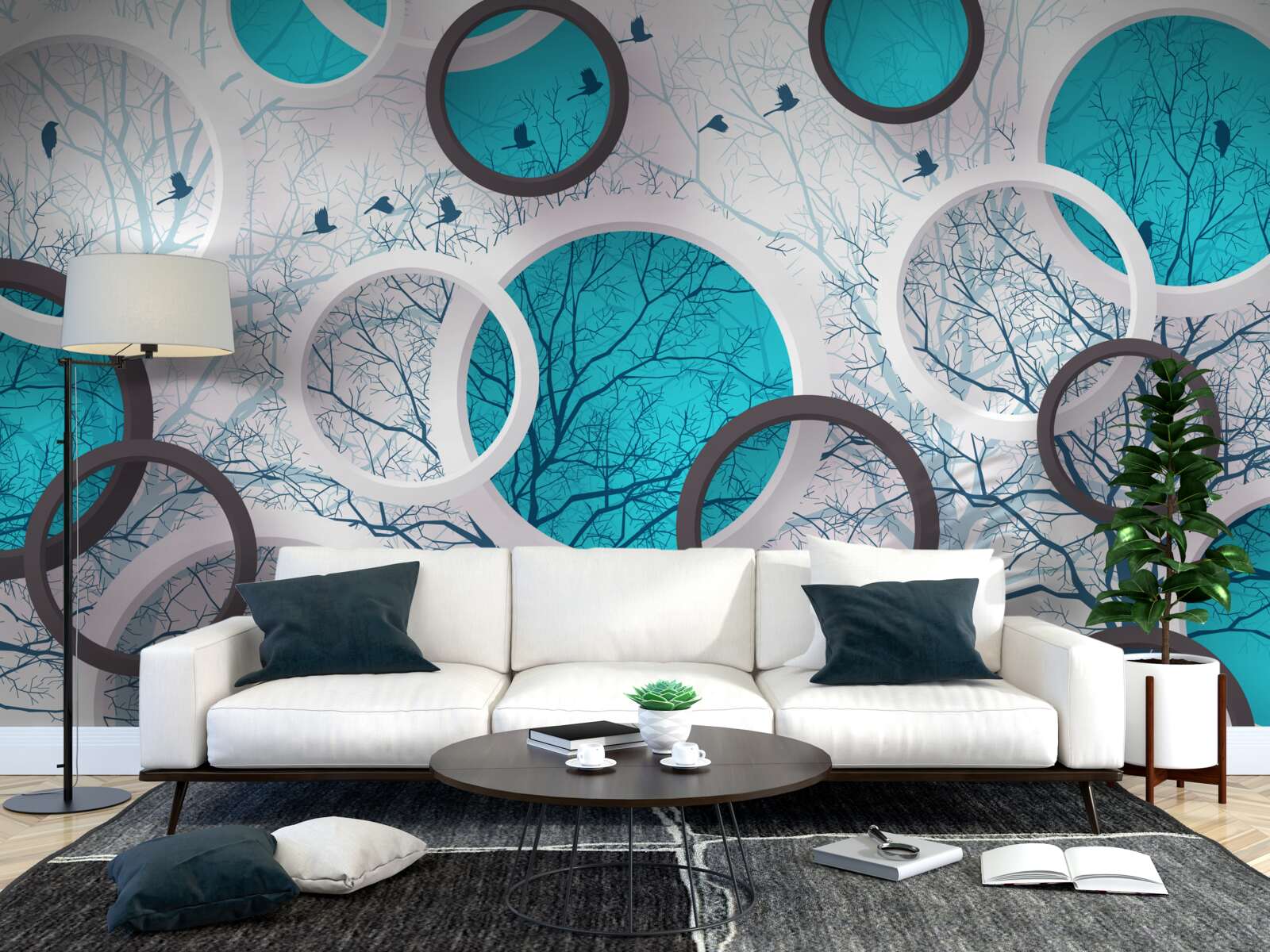 Fotobehang turquoise cirkels en bomen