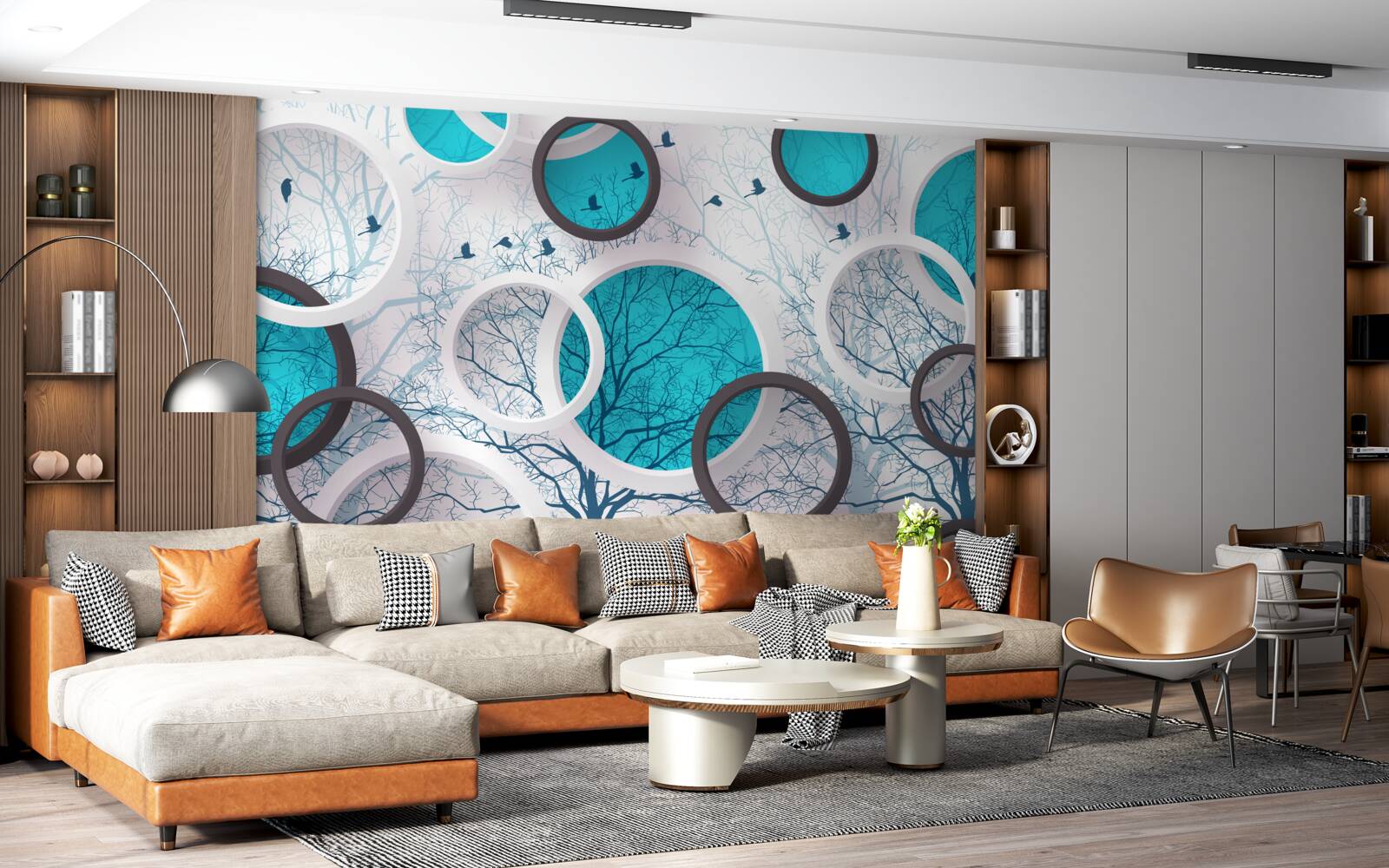 Fotobehang turquoise cirkels en bomen