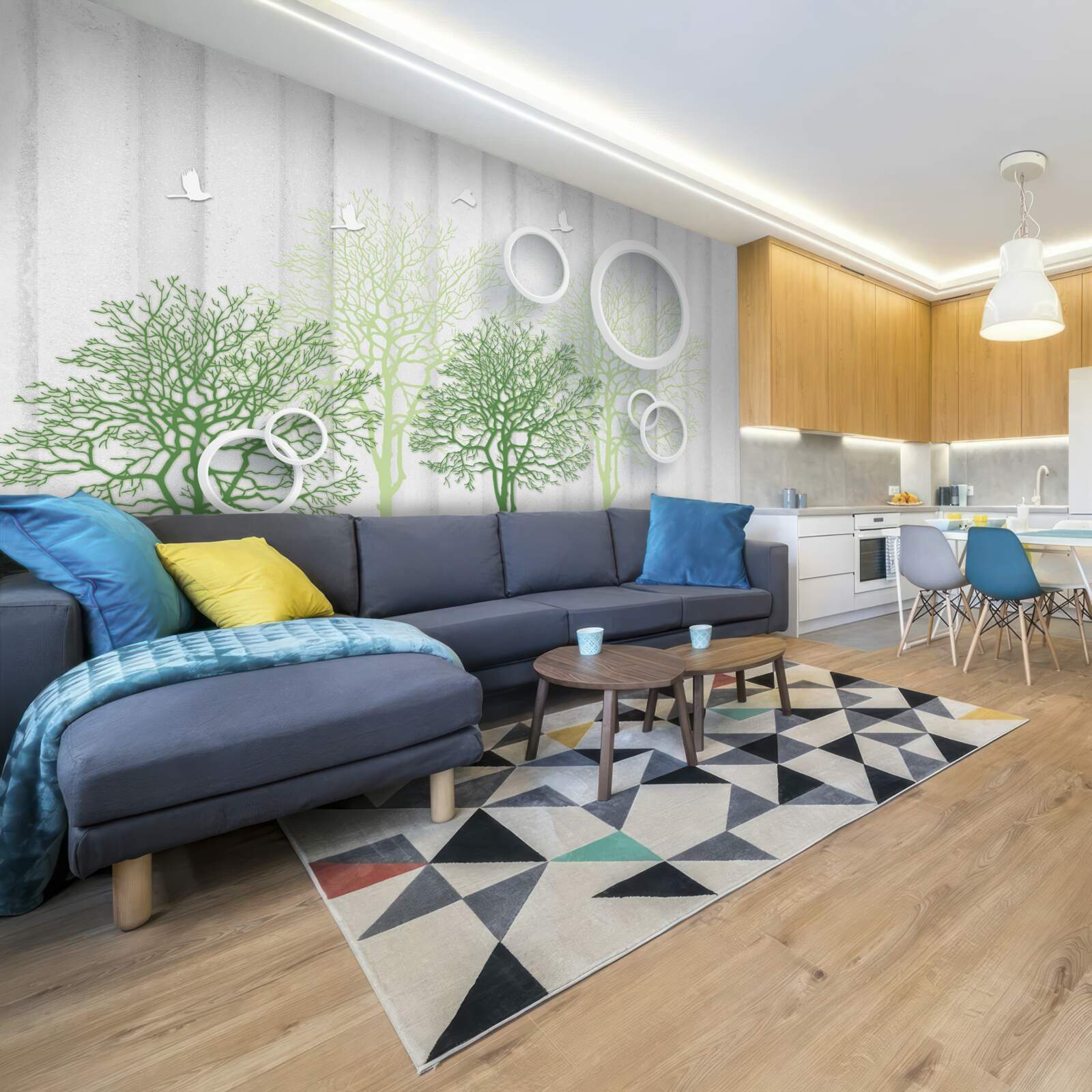 Fotobehang slanke bomen met groene bladeren en sneeuwwitte cirkels