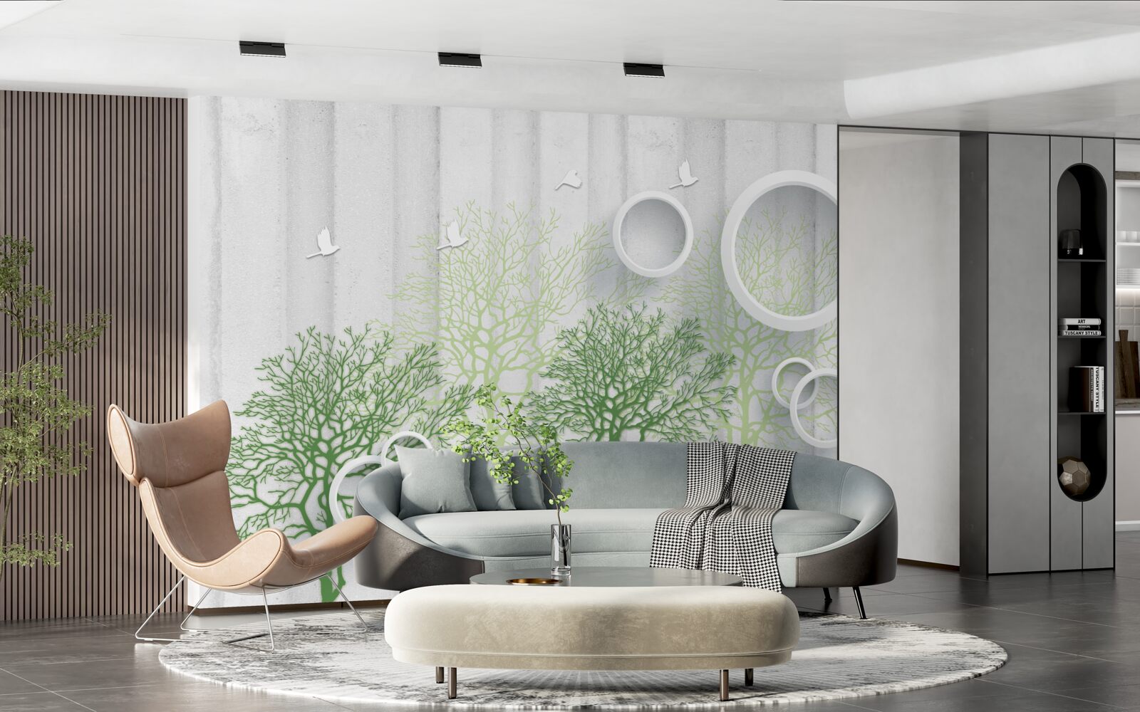 Fotobehang slanke bomen met groene bladeren en sneeuwwitte cirkels