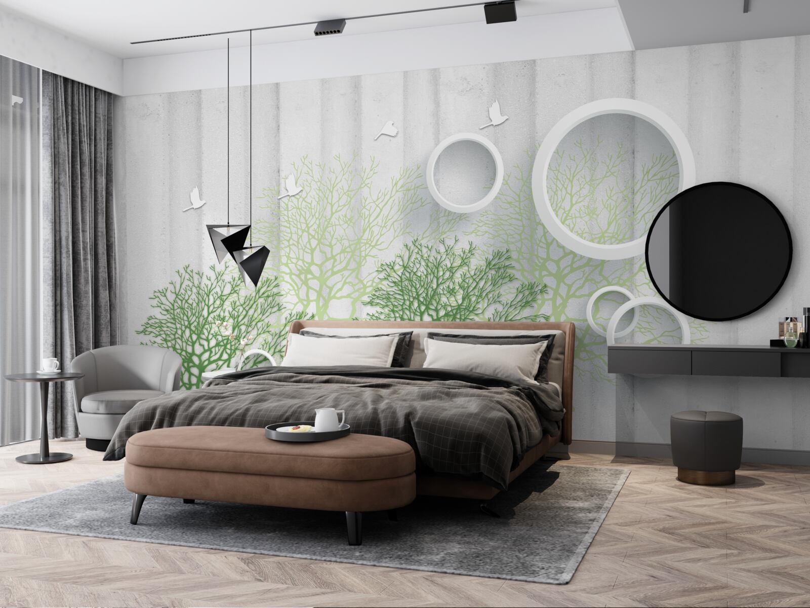 Fotobehang slanke bomen met groene bladeren en sneeuwwitte cirkels