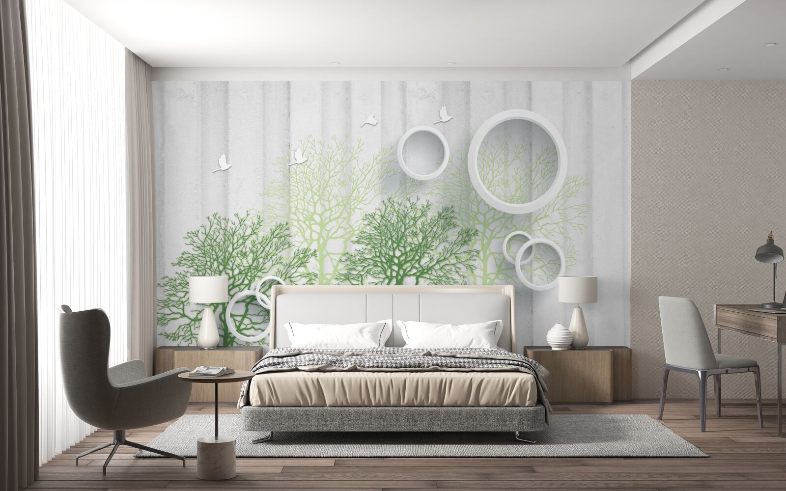Fotobehang slanke bomen met groene bladeren en sneeuwwitte cirkels