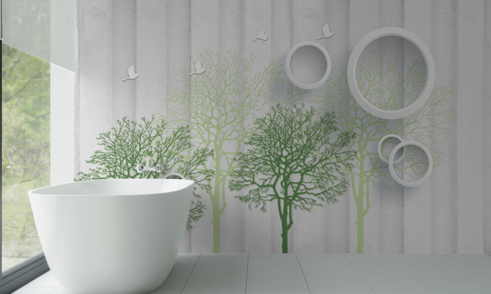 Fotobehang slanke bomen met groene bladeren en sneeuwwitte cirkels