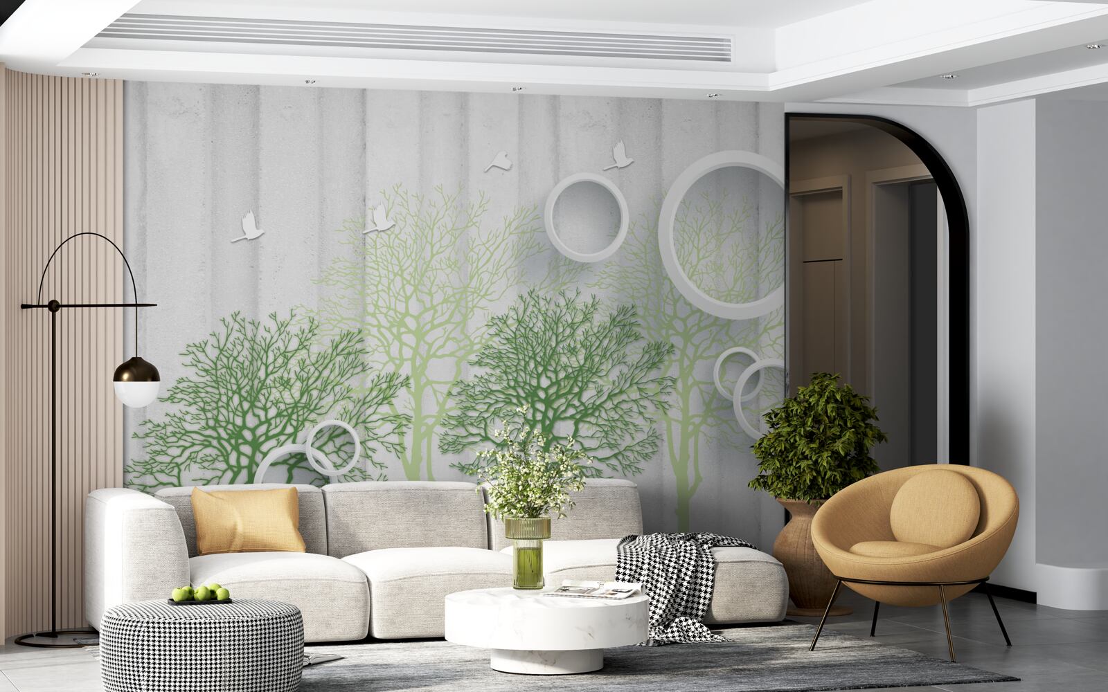 Fotobehang slanke bomen met groene bladeren en sneeuwwitte cirkels