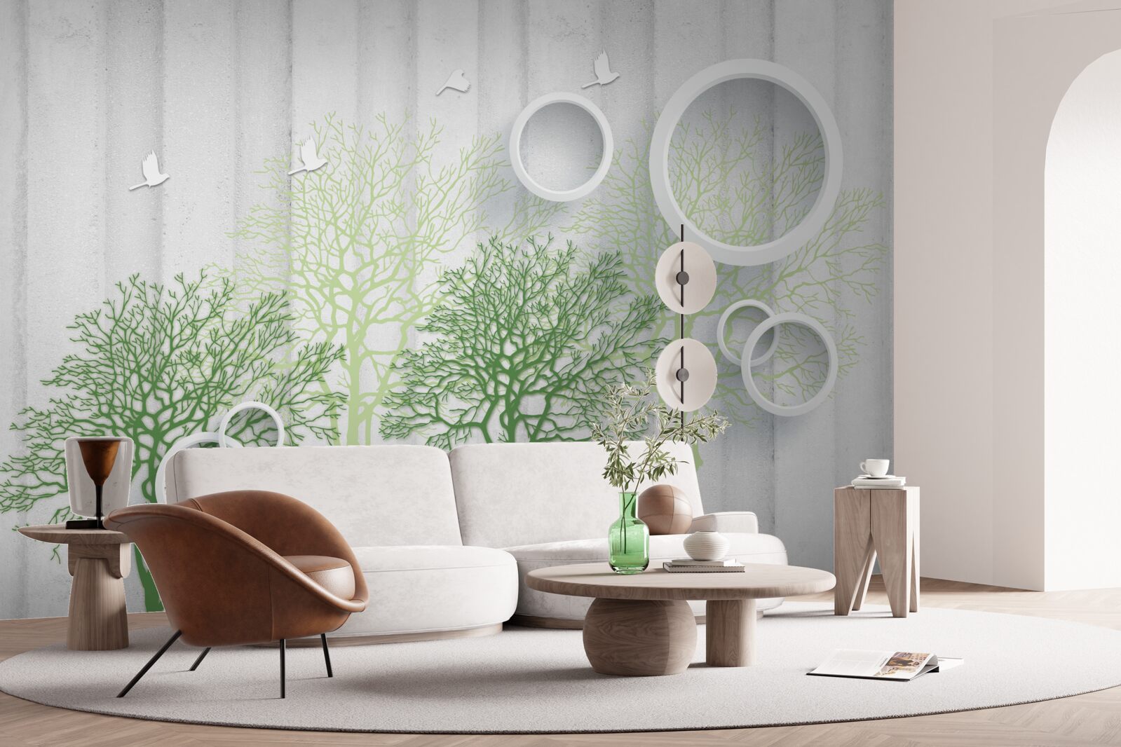 Fotobehang slanke bomen met groene bladeren en sneeuwwitte cirkels