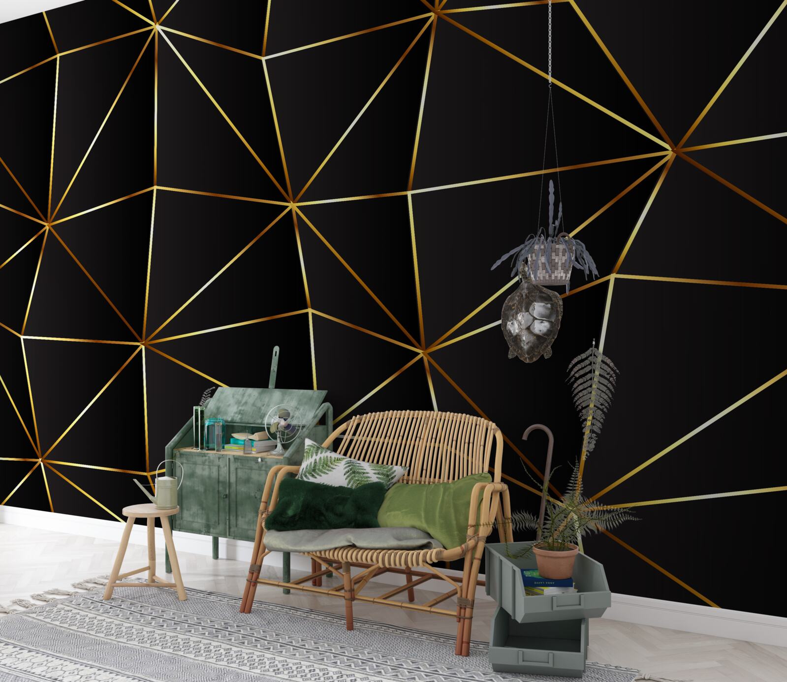 Fotobehang gouden elementen op een zwarte driehoekige achtergrond