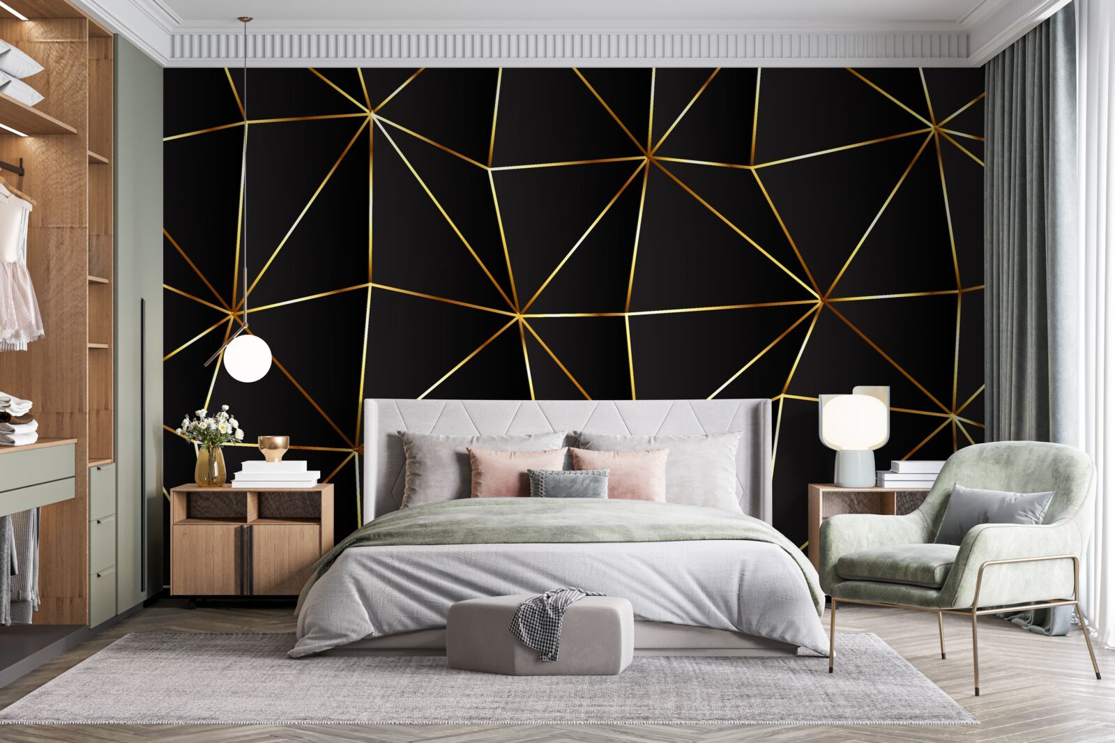 Fotobehang gouden elementen op een zwarte driehoekige achtergrond