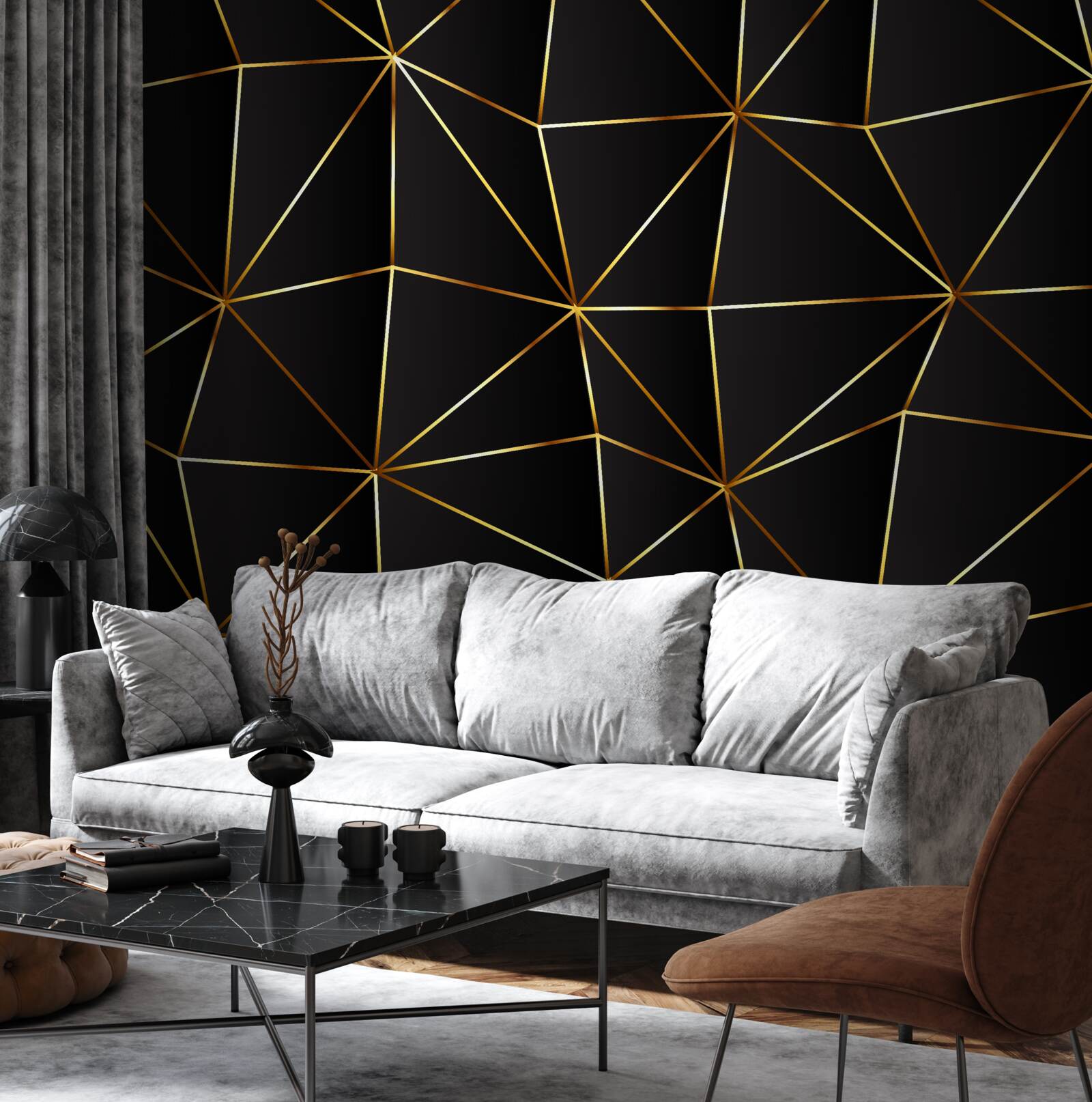 Fotobehang gouden elementen op een zwarte driehoekige achtergrond