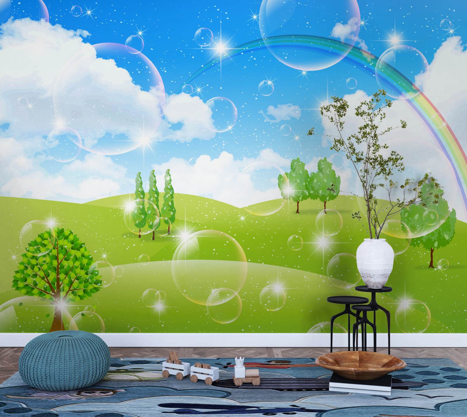 Fotobehang zomervelden met groene bomen