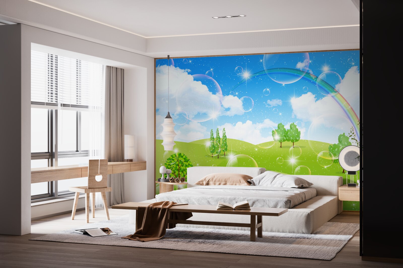 Fotobehang zomervelden met groene bomen