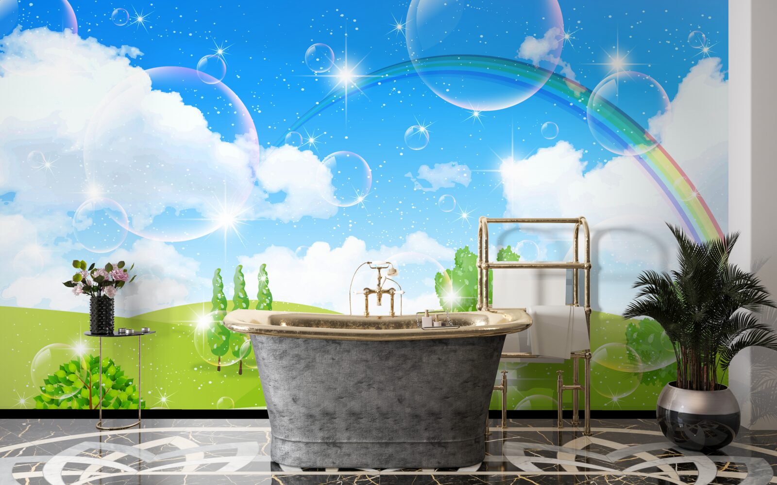 Fotobehang zomervelden met groene bomen