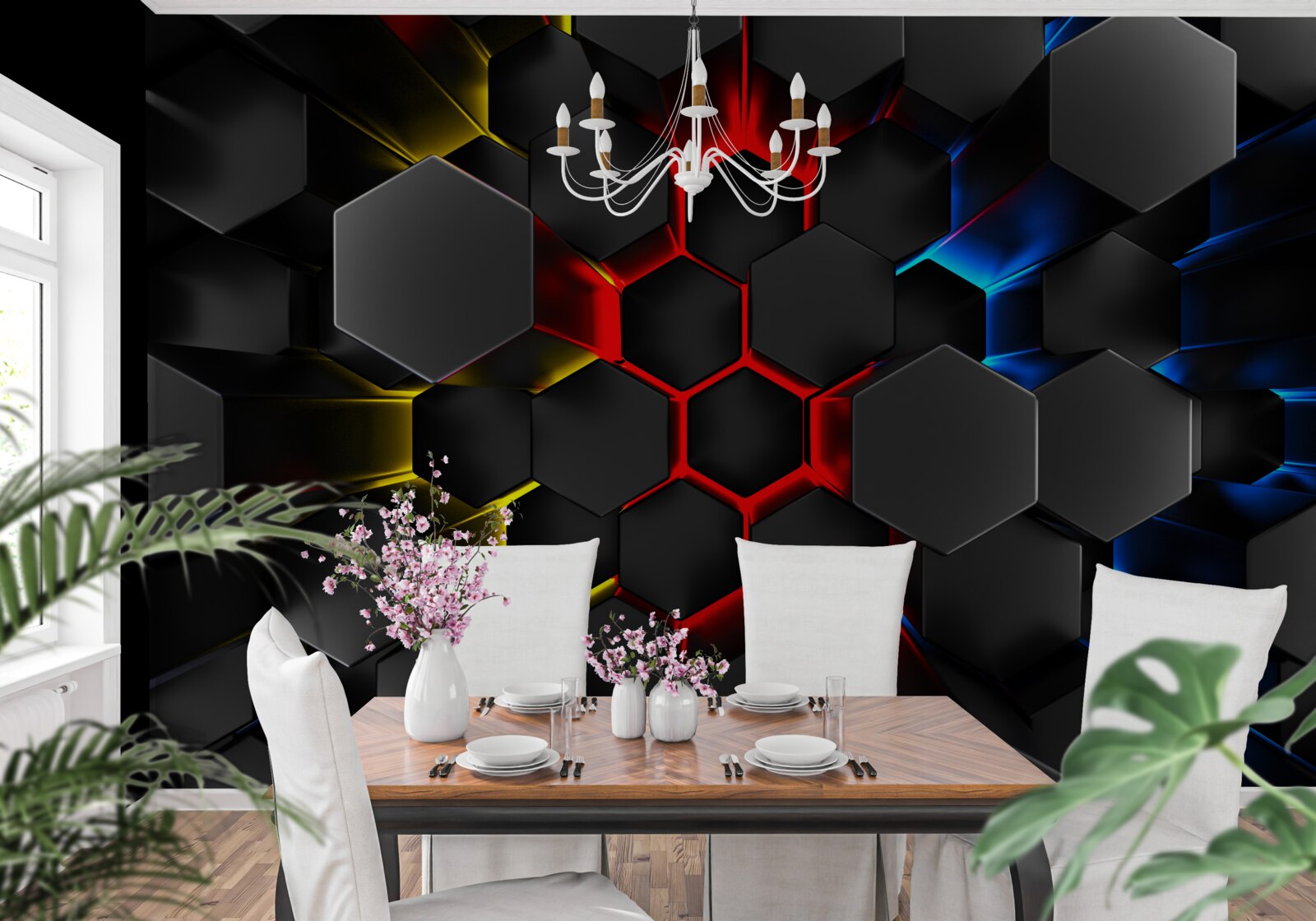 Fotobehang zwarte figuren in het licht van veelkleurige lampen