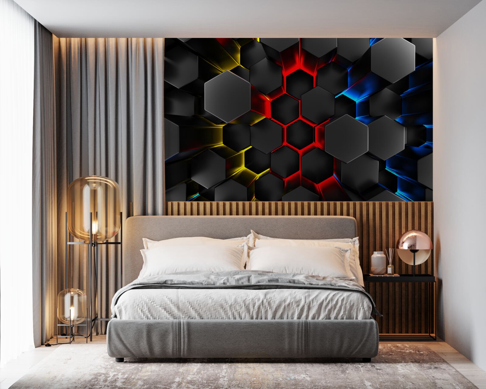 Fotobehang zwarte figuren in het licht van veelkleurige lampen