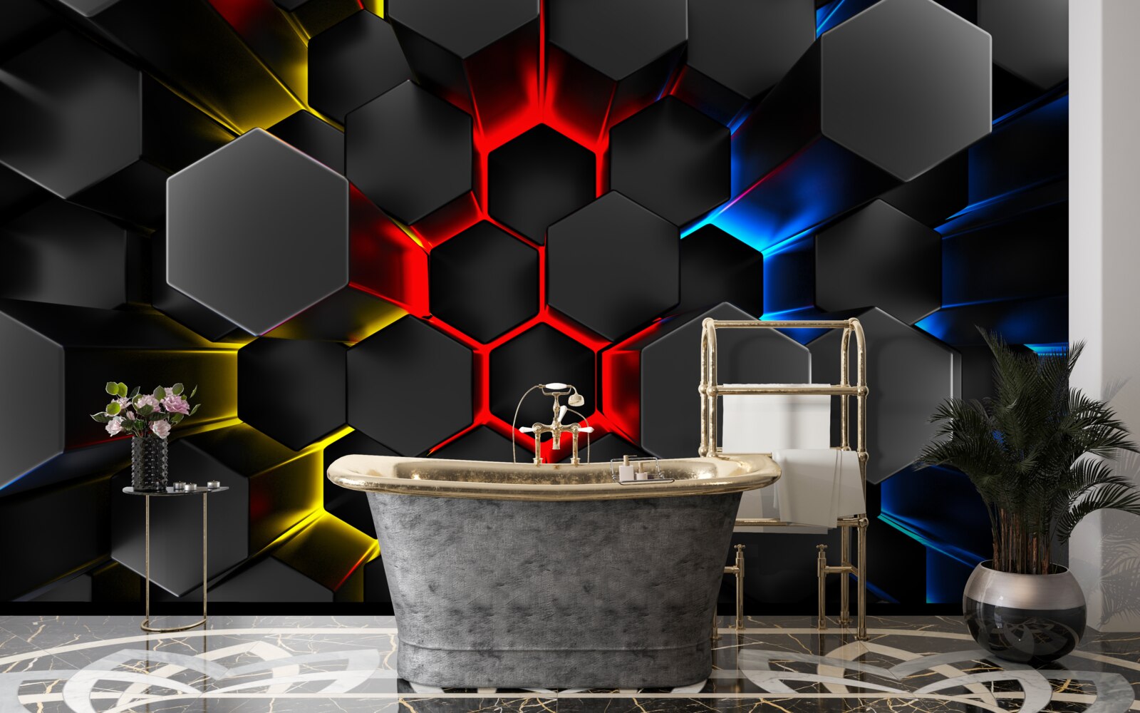 Fotobehang zwarte figuren in het licht van veelkleurige lampen