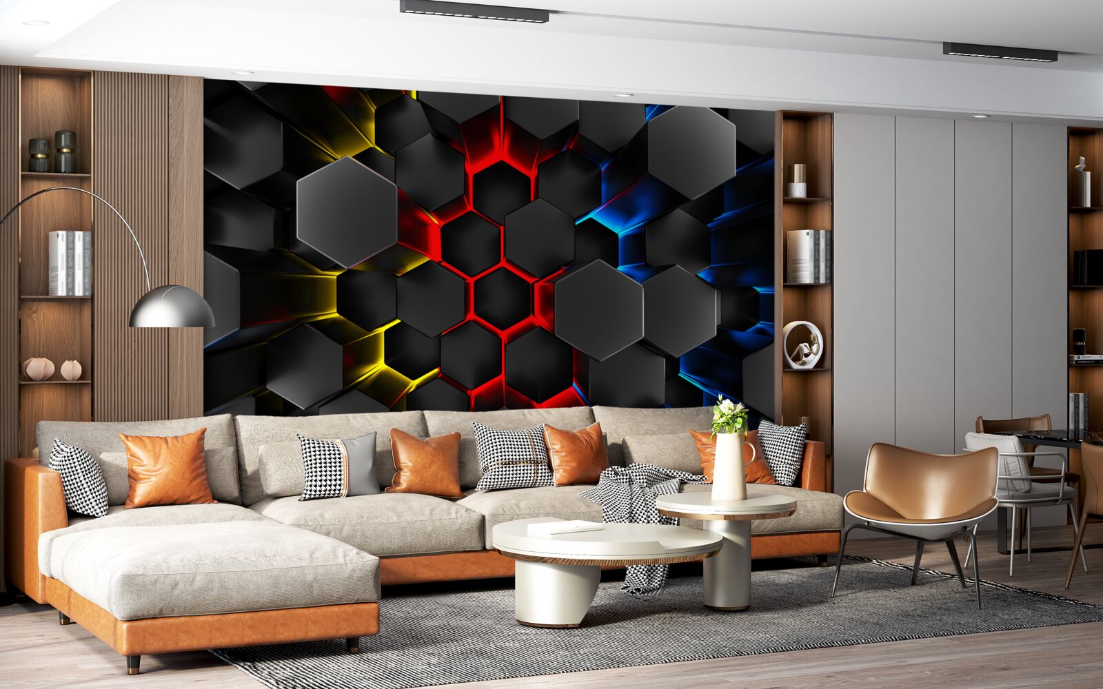 Fotobehang zwarte figuren in het licht van veelkleurige lampen