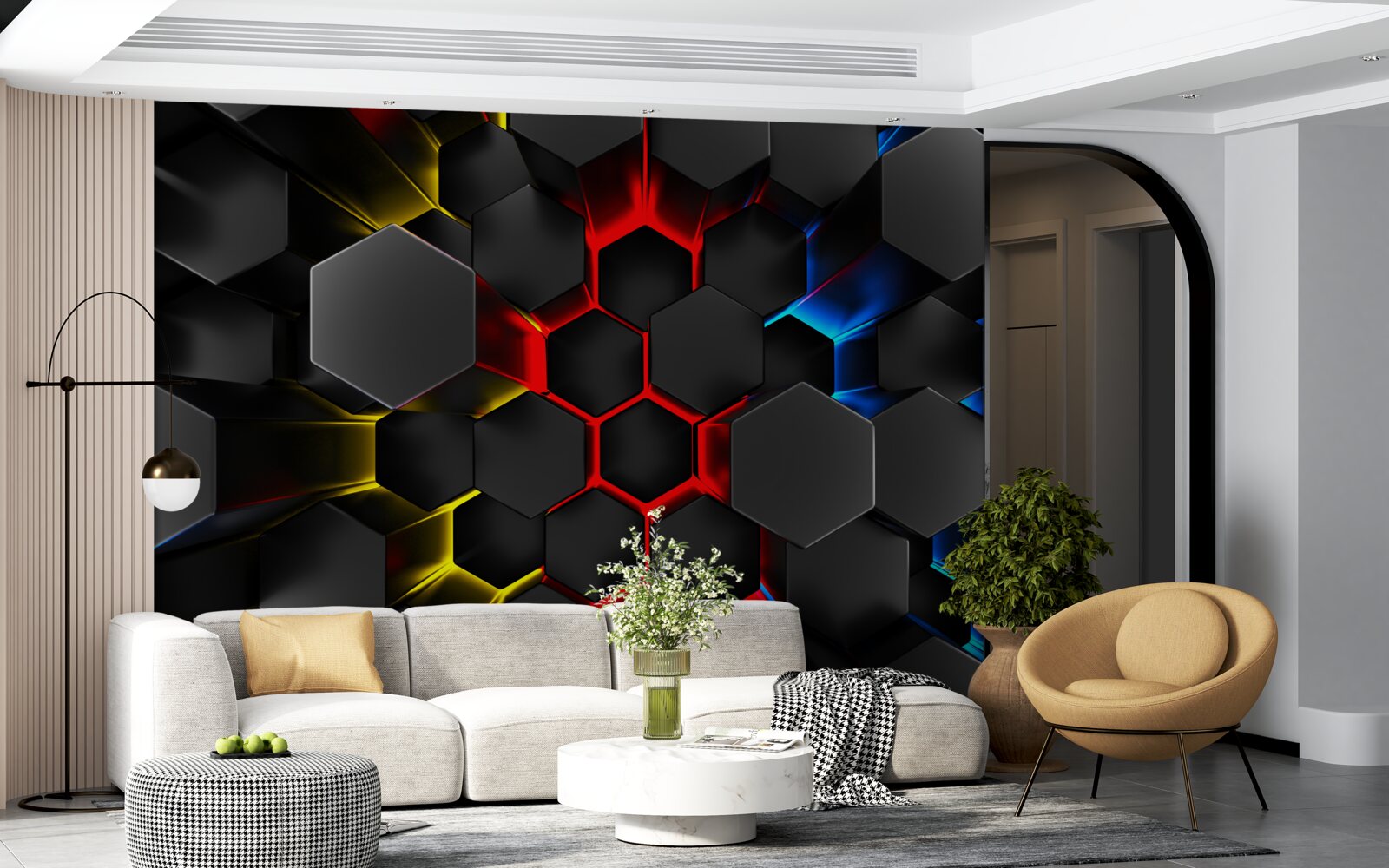 Fotobehang zwarte figuren in het licht van veelkleurige lampen