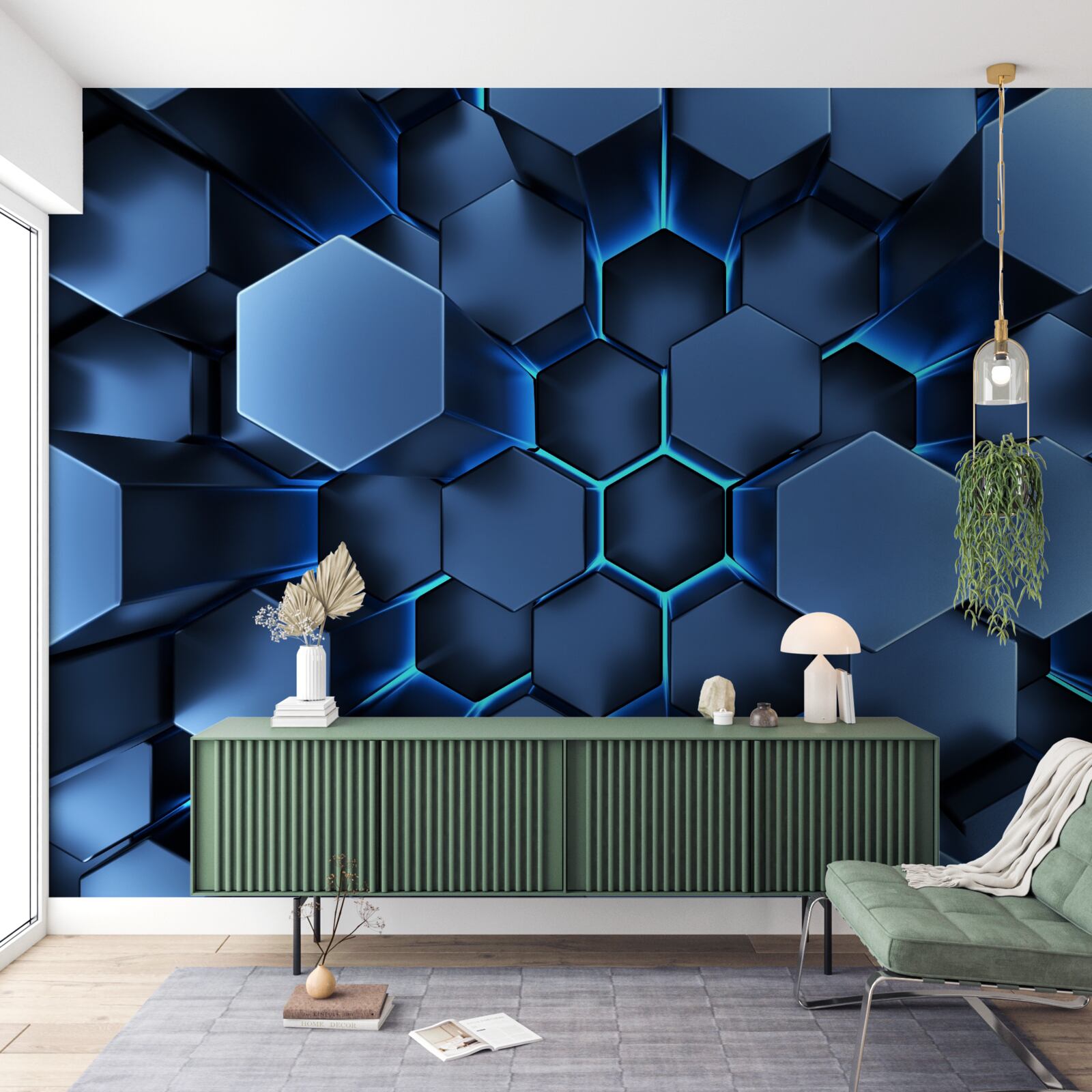 Fotobehang blauwe vijfhoeken zijn volumetrisch