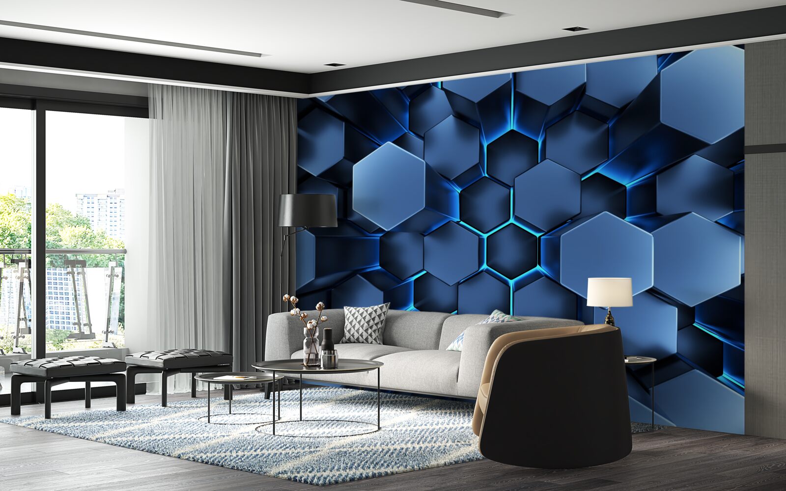 Fotobehang blauwe vijfhoeken zijn volumetrisch