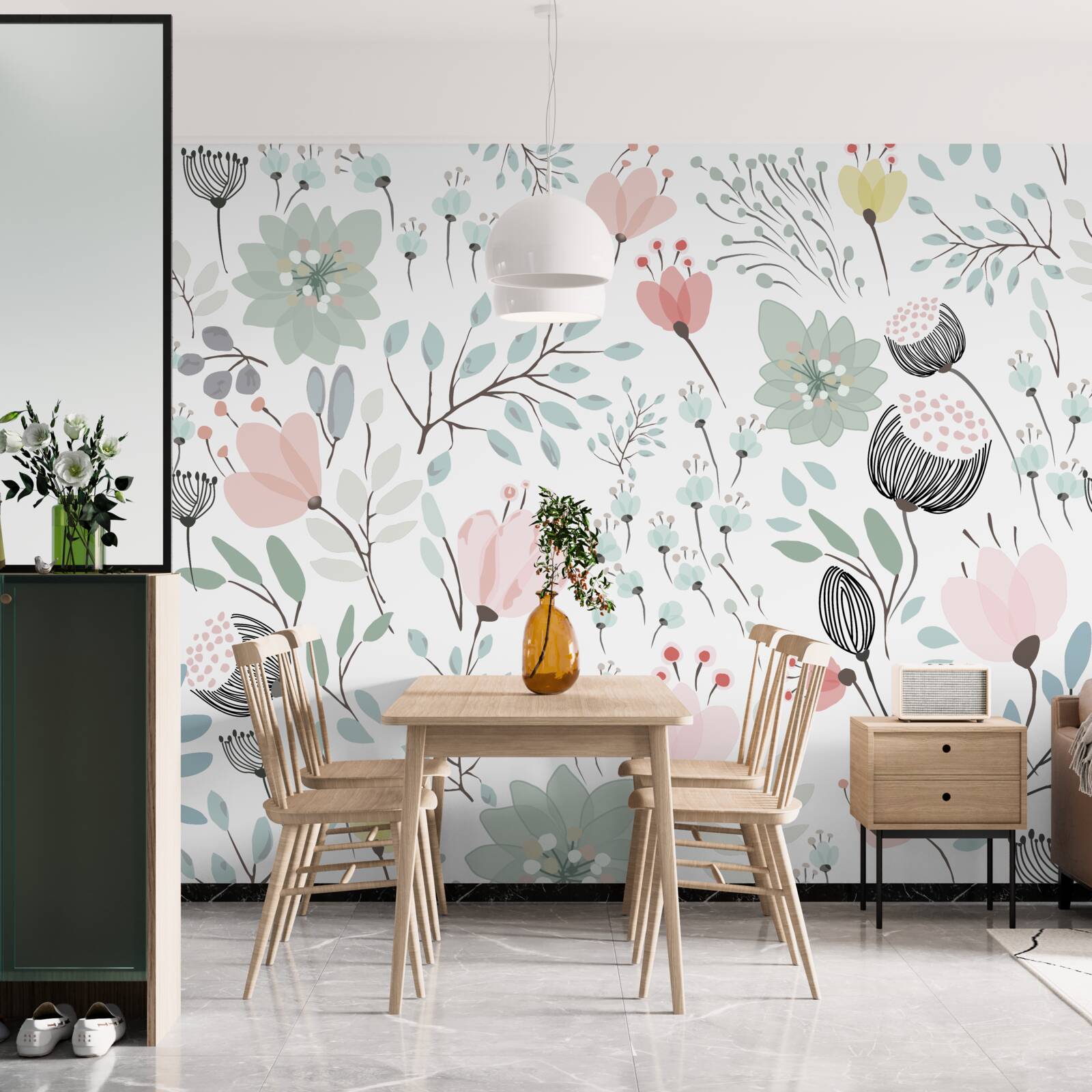 Fotobehang bloemen in roze en groene tinten