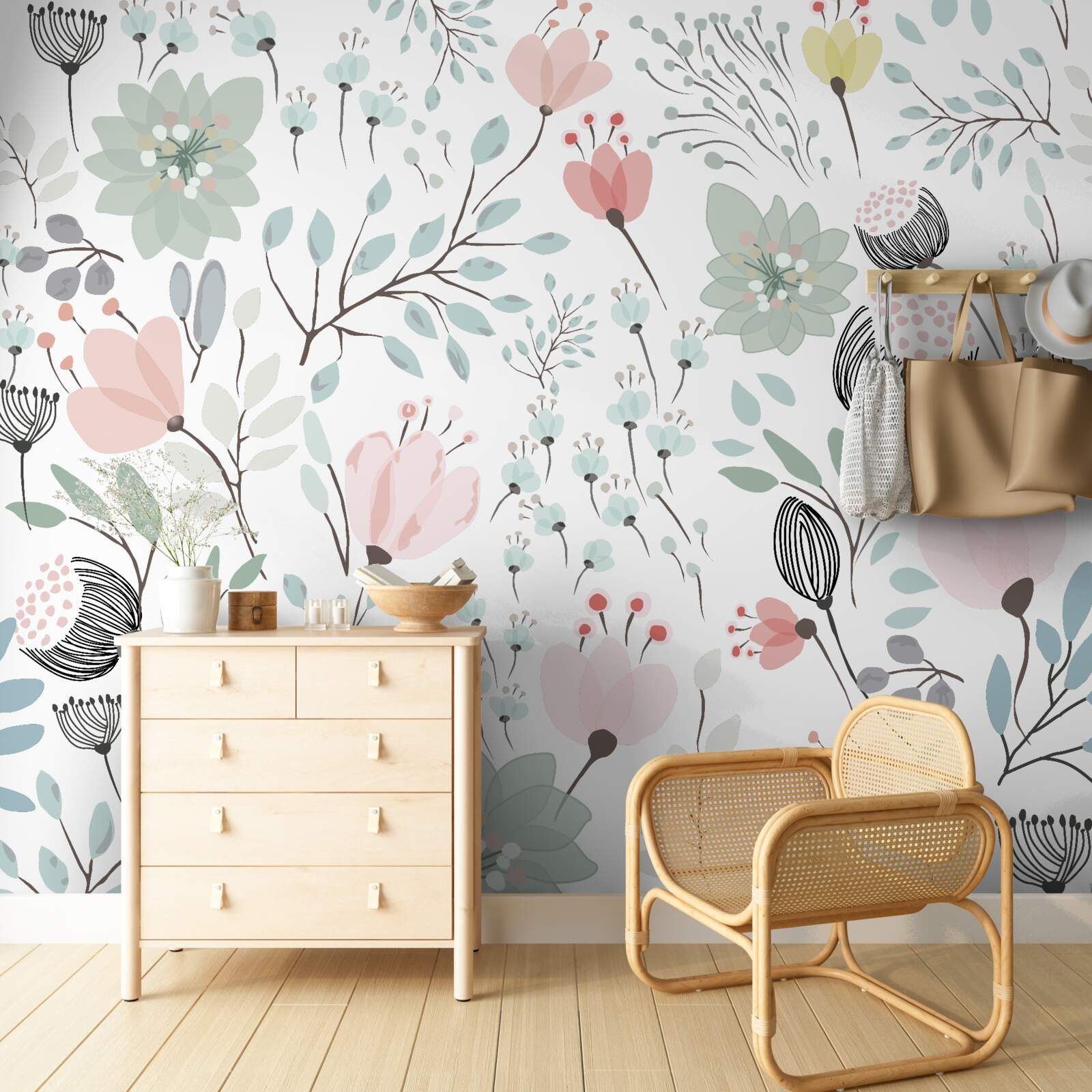 Fotobehang bloemen in roze en groene tinten