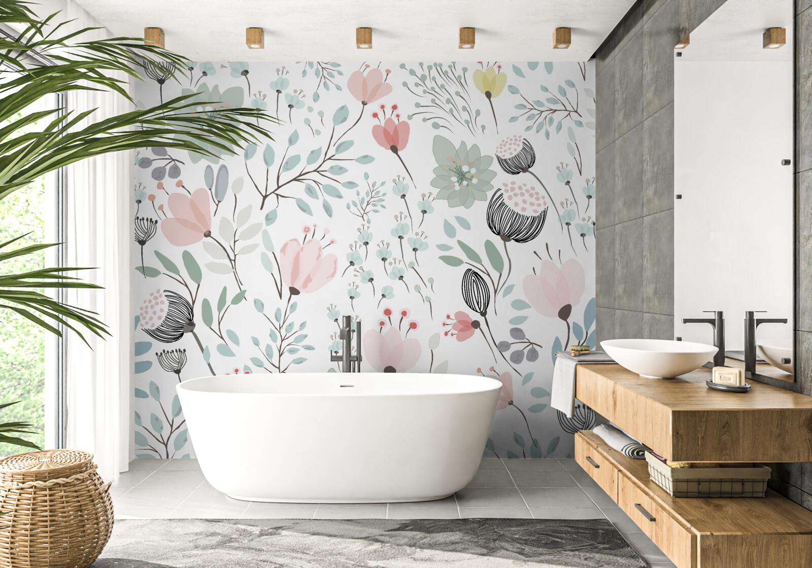 Fotobehang bloemen in roze en groene tinten